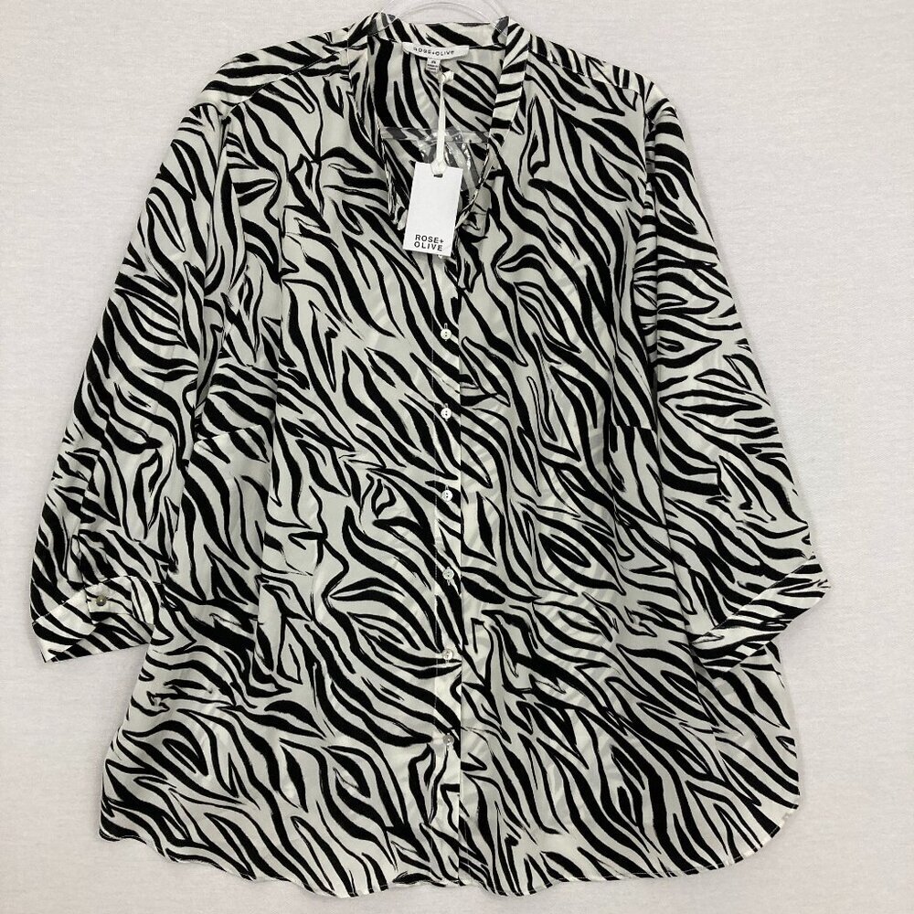 New Rose & Olive Black White Zebra Print Relaxed Comfy Button Down 3X
